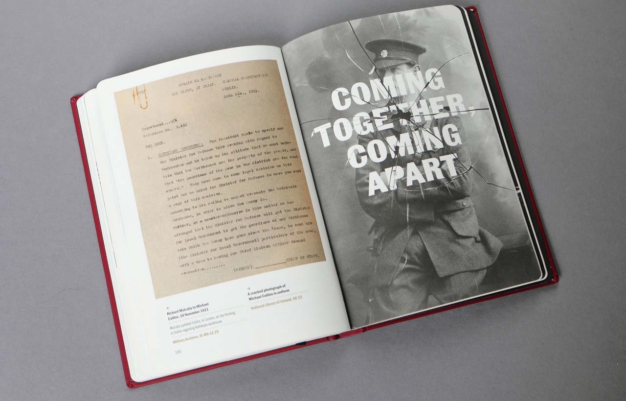 Double-page spread from the book. On the left hand side is a copy of a letter from Richard Mulcahy to Collins. On the right-hand side is a cracked image of Collins in uniform with the chapter title 'Coming Together, Coming apart' overlaid.